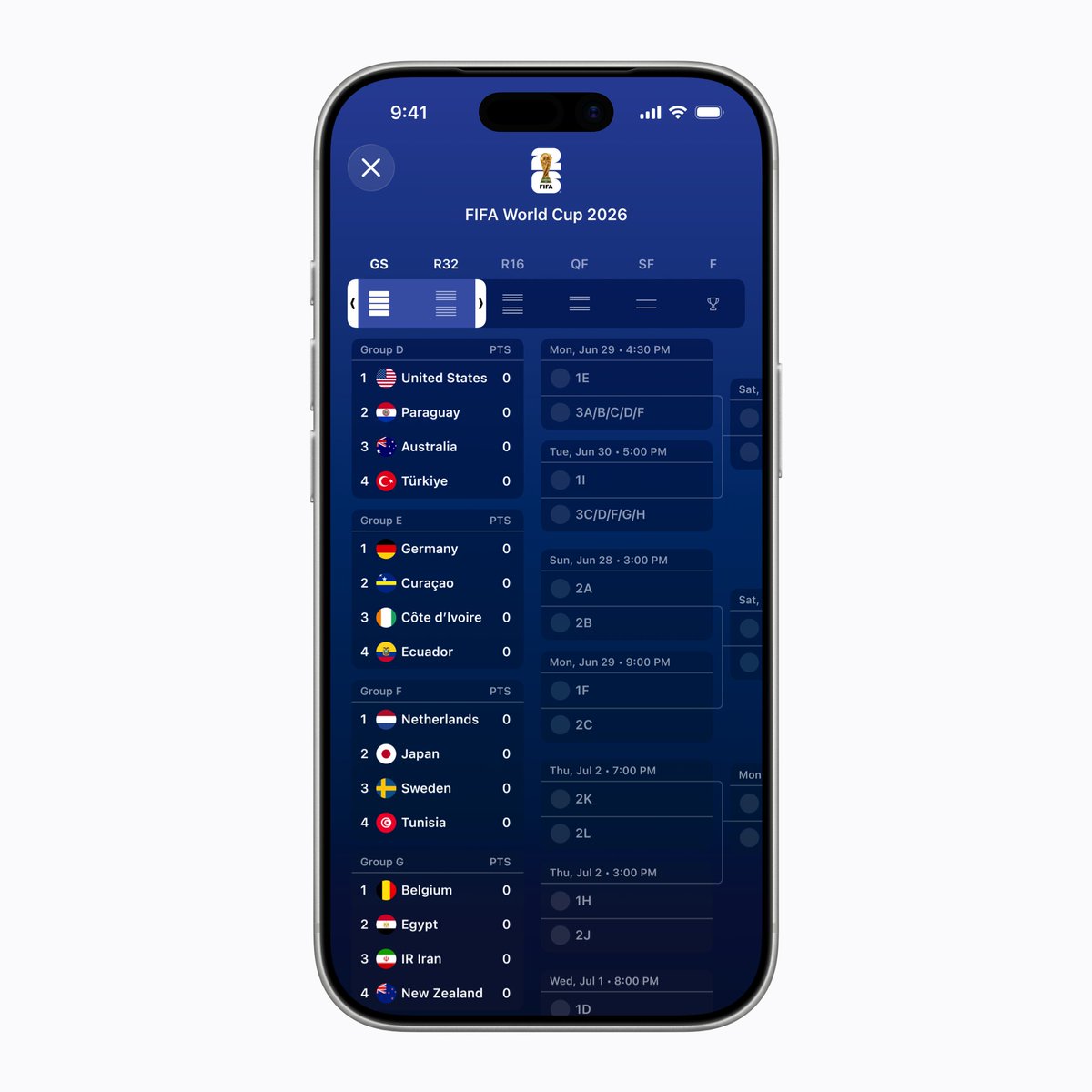 Apple Sports World Cup bracket view with the resizable scrubber spanning group stage and round of 32